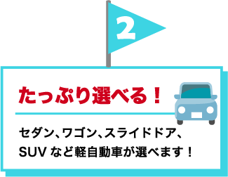 2.たっぷり選べる！セダン、ワゴン、スライドドア、SUVなど軽自動車が選べます！