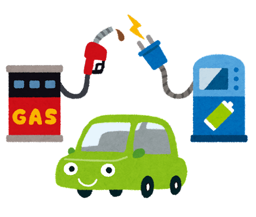 ガソリンスタンドと充電スタントと車のイラスト　ハイブリット車イメージ