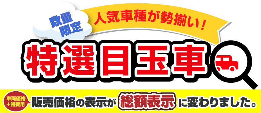 数量限定 人気車種が勢揃い！特選目玉車「車両価格＋諸費用」販売価格の表示が総額表示に変わりました。