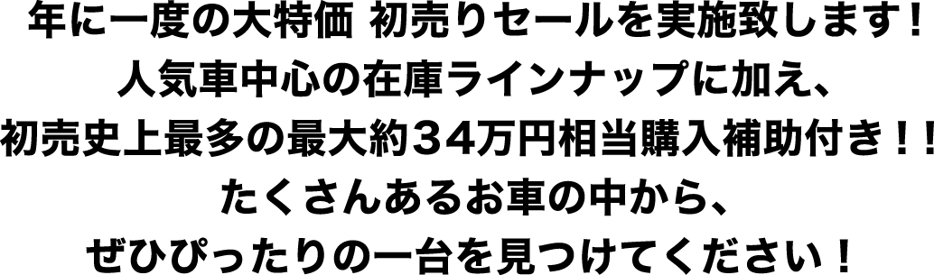 初売りと同様の大変お得なキャンペーンを前倒しでご案内させていただきます！人気車中心の在庫ラインナップに加え、プレゼントもたくさんご用意しました。たくさんあるお車の中から、ぜひぴったりの一台を見つけてください！