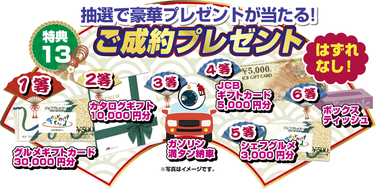特典13 抽選で豪華プレゼントが当たる！ご成約プレゼント はずれなし！ 1等グルメギフトカード30,000円分 2等カタログギフト10,000円分 3等ガソリン満タン納車 4等JCBギフトカード5,000円分 5等シェフグルメ3,000円分 6等ボックスティッシュ ※写真はイメージ写真はイメージです