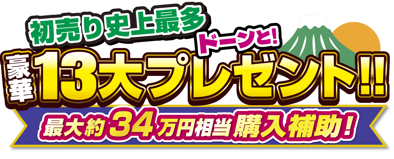 豪華5大プレゼント！最大20万円相当購入補助！※【特典1】マックカード3,000円分と【特典２】JCBギフトカード5,000円分を含め20万円の購入補助。