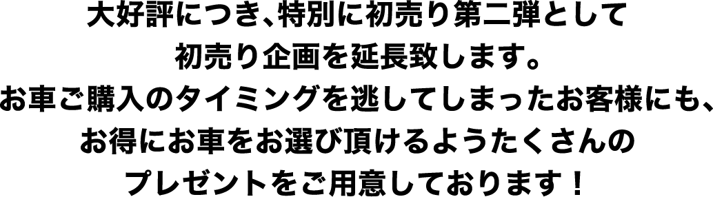 初売りと同様の大変お得なキャンペーンを前倒しでご案内させていただきます！人気車中心の在庫ラインナップに加え、プレゼントもたくさんご用意しました。たくさんあるお車の中から、ぜひぴったりの一台を見つけてください！
