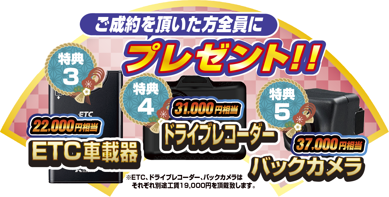 特典3 ご契約いただいた方全員にプレゼント！！22,000円相当ETC車載器！！ 特典4 31,000円相当ドライブレコーダー 特典5 37,000円相当バックカメラ ※ETC、ドライブレコーダー、バックカメラはそれぞれ別途工賃19,000円を頂戴致します。