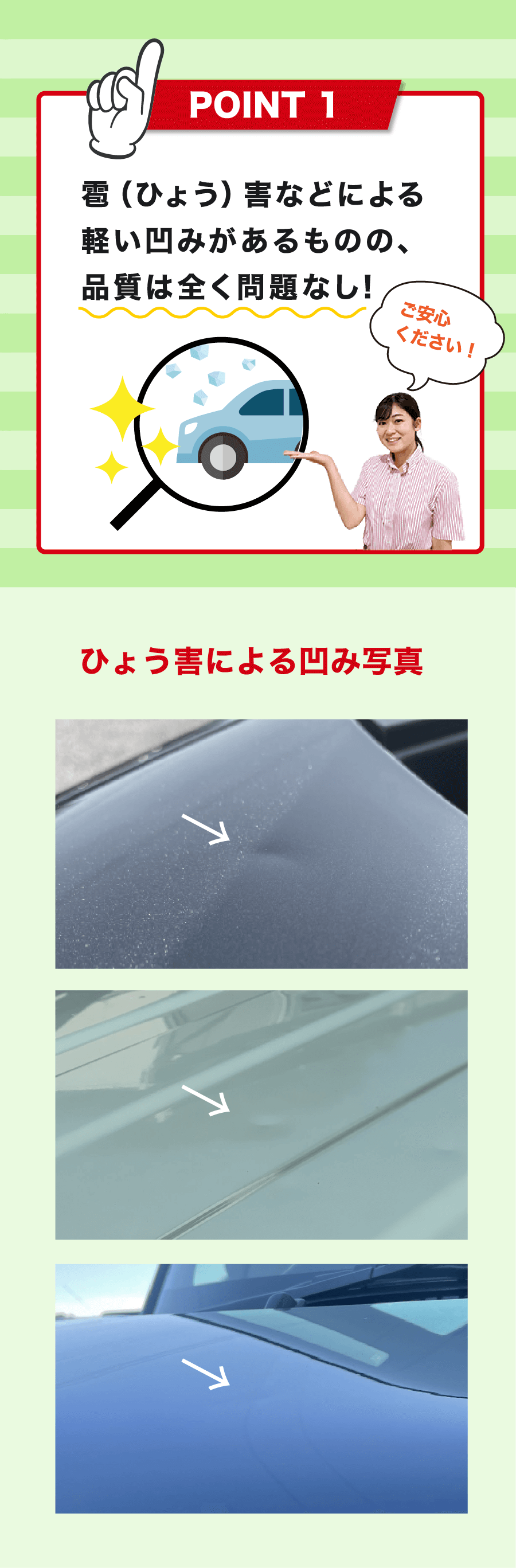 POINT1 雹害などによる軽いヘコみがあるものの、品質は全く問題なし!